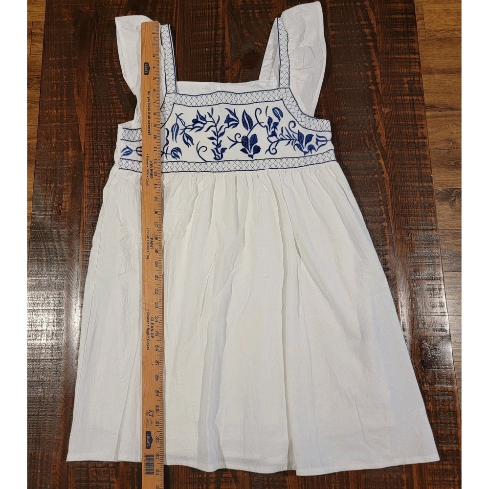 Embroidered Dress Floral Womens Small White & Blue